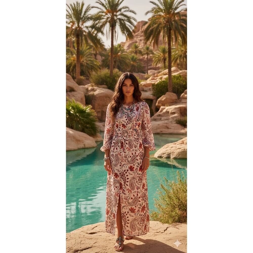 River Island Size 10 Paisley Maxi Dress Smocked Bodice Boho Witchy Chic Hippie